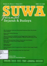 Image of Suwa Volume 22 Nomor 1 Tahun 2017 : Hilo, Keranjang masyarakat kepulauan batu nias selatan, Kajian nilai budaya Reuncong, Sejarah kenegerian lembah gunung singgah mata : nagan dari masa  kesultanan hingga menjadi kabupaten 1588-2012 (sebuah kajian awal), Buaya dan pawang dalam dimensi sejarah dan sosial budaya masyarakat di sekitar aliran sungai singkil, Likok pulo Aceh, Peran perempuan dalam mengolah daun nipah di aliran sungai singkil, Nilai budaya yang terkandung dalam tari drop daruet