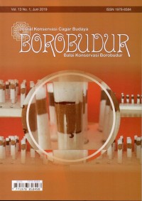 Image of Jurnal Konservasi Borobudur Vol.13 No.1 Juni 2019 : Penggunaan menthol untuk bahan konsolidan cagar budaya arang, Bahan konservasi tradisional menurut tinjauan naskah kuno Ka Ga Nga, Kondisi saluran drainase Candi Borobudur dan konsep penanganannya, Nilai penting atap kubah dan denah oktagonal pada geraja blenduk, Analisis nilai penting situs-situs di kawasan cagar budaya Borobudur