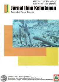 Image of Jurnal Ilmu Kehutanan Volume 11 No.1 Januari-Maret 2017 : Potensi konflik penggembalaan kuda pada habitat rusa timor (Rusa timorensis blainville 1822) di kawasan tanjung torong padang nusa tenggara timur, Estimasi stok dan serapan karbon pada mangrove di sungai tallo makassar, Penggunaan principal component analysis dalam distribusi spasial vegetasi mangrove di pantai utara pemalang, Optimalisasi pembagian batang (Bucking policy) kayu bulat jati dalam rangka meningkatkan pendapatan KPH Madiun, Hidrolis media sisa budaya jamur kuping menggunakan tiga jenis enzim selulase, Studi mutu kayu jati di hutan rakyat gunungkidul VI kadar zat anorganik dan keasaman, Serapan logam berat oleh fungi mikoriza arbuskula lokal pada nauclea orientalis L. dan potensial untuk fitoremediasi, Hiperdominansi jenis dan biomassa pohon di taman nasional gunung gede pangrango indonesia, Variasi cendana (santalum album linn) berdasarkan morfologi daun dan bunga di desa petir rongkop gunungkidul, Pertumbuhan tunas beberapa klon jati terseleksi setelah pemangkasan di persemaian
